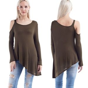 🍸Olive Asymmetrical Cold One Shoulder Tunic Top